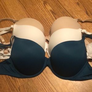 3 Victoria’s Secret Pink Bras (Nude, White, Blue)